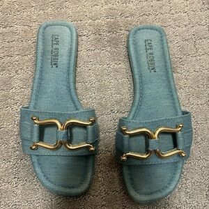 Denim blue sandal with gold hardware